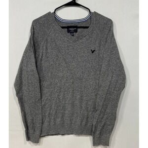 American Eagle Sweater Mens L Gray V-Neck Classic Fit Pullover‎ Logo Knit